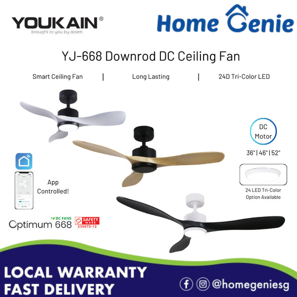 Youkain Optimum YJ-668 Downrod System Smart DC Motor Ceiling Fan 36" / 46" / 52" w 24W LED Tri-Color Light*