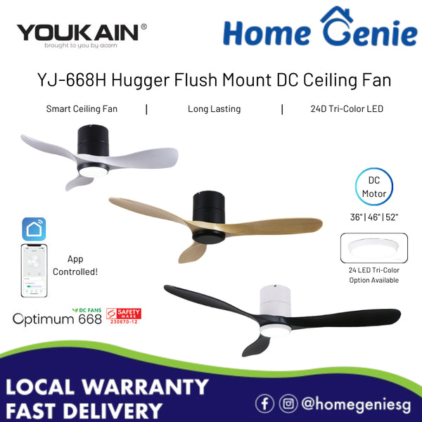 Youkain Optimum YJ-668H Hugger Flush Mount Smart DC Motor Ceiling Fan 36" / 46" / 52" w 24W LED Tri-Color Light*