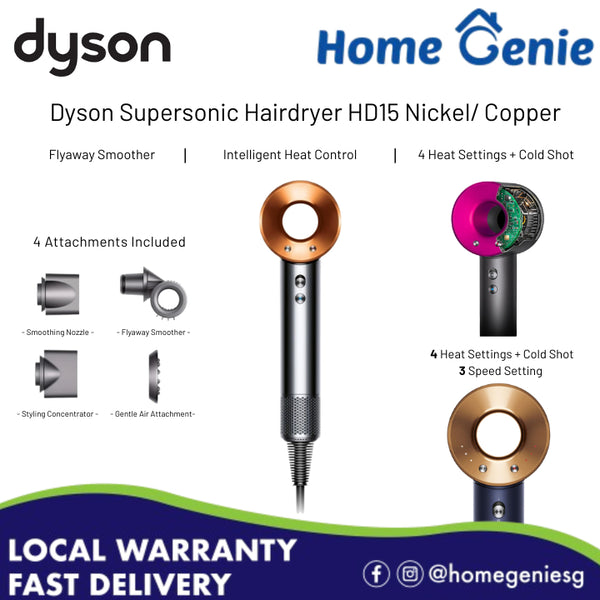 Dyson Supersonic Hair Dryer HD15 with Flyaway Smoother (4 Attachments // Nickel & Copper // 2 Years Warranty)