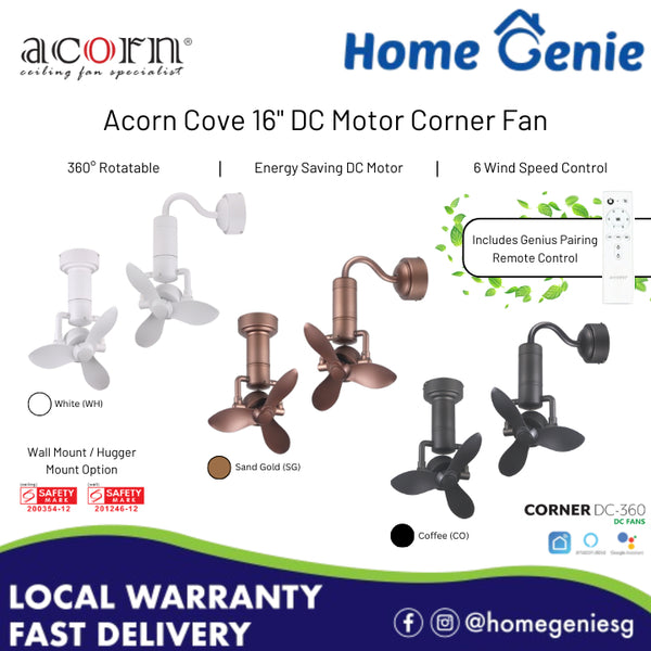 Acorn DC360 16" Smart Corner Fan with 360-Degree Oscillation + Remote Control (Hugger Ceiling Mounted/ Wall Mounted)