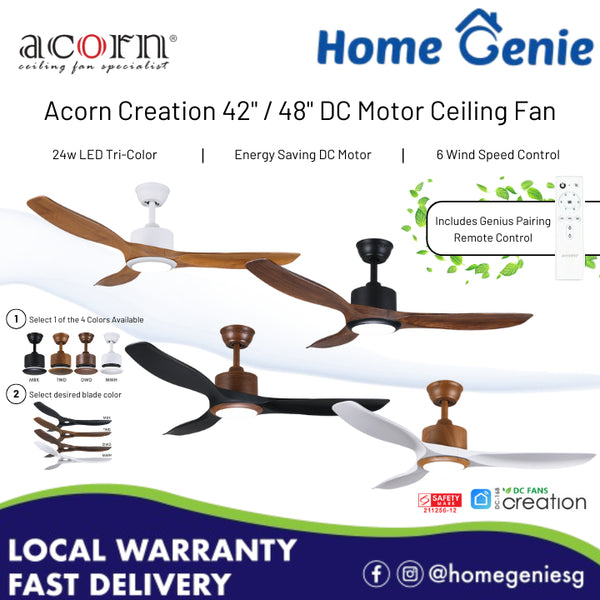 Acorn DC-168 Creation Downrod 42" / 48" Smart DC Motor Ceiling Fan with 20W Dimmable Tri-Color Light & Remote Control