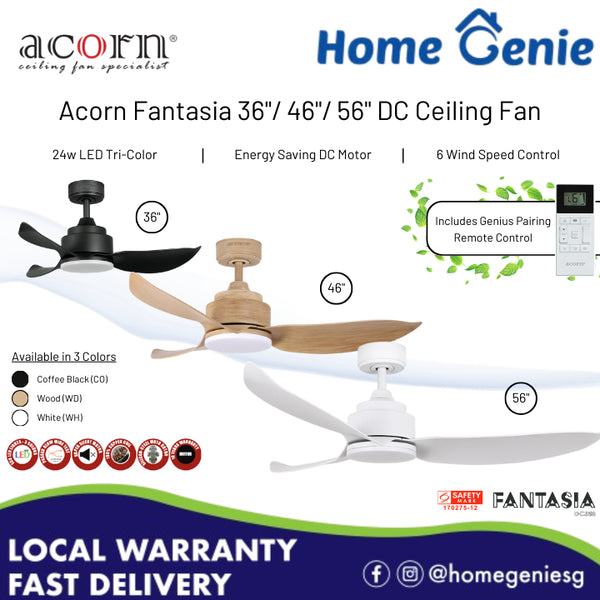 Acorn DC-356 Fantasia Downrod DC Motor Ceiling Fan 36"/ 46"/ 56" with 24W Tri-Tone Lamp Remote Controlled