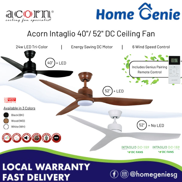 Acorn DC-159 Intaglio Downrod DC Motor Ceiling Fan 40"/ 52" with 24W Tri-Tone Lamp Remote Controlled