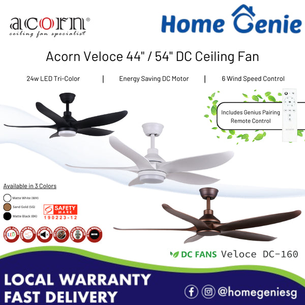 Acorn DC-160 Veloce 44" / 54" Silent DC Motor Ceiling Fan with 22w LED Tri-Tone Lamp Remote Controlled