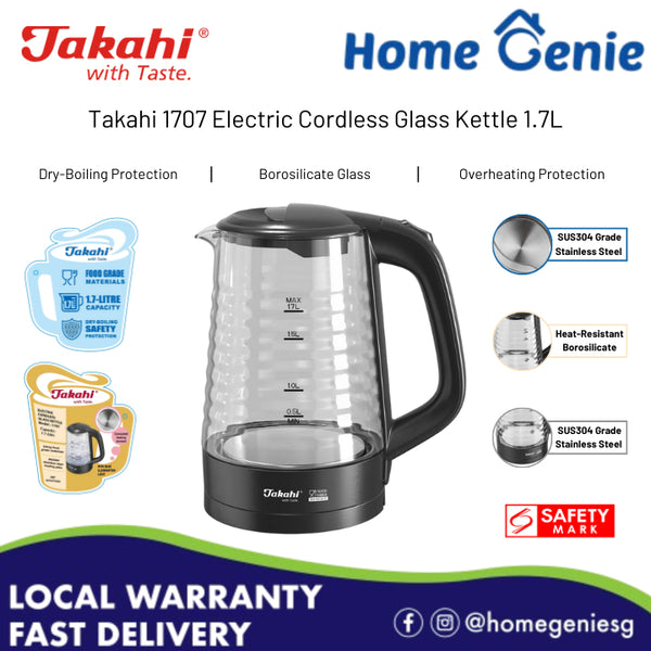 Takahi Electric Cordless Borosilicate Glass Kettle 1.7L Model 1707 (Dry-Boiling, Overheating Protection, Heat-Resistant)