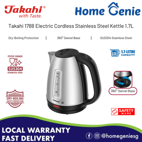Takahi Electric 1.7L Cordless SUS304 Stainless-Steel Kettle 1.7L with Dry-Boiling & Overheating Protection