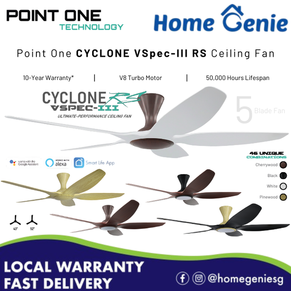 Point One Cyclone 5-Blade Fan RS 48 & 62-inch VSPEC III - Smart Wi-Fi Ceiling Fan with LED Light And Remote Control