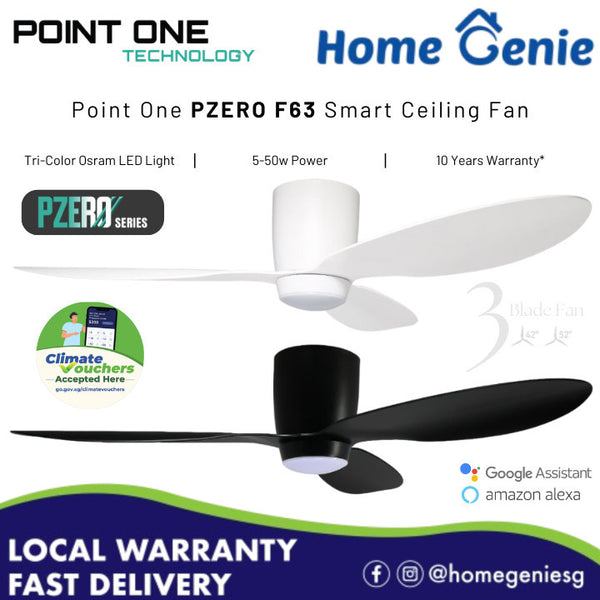 Point One F63 PZERO Series SMART Ceiling Fan// EC Class Motor, 25W Bright Dimmable LED, 42" /52" Size