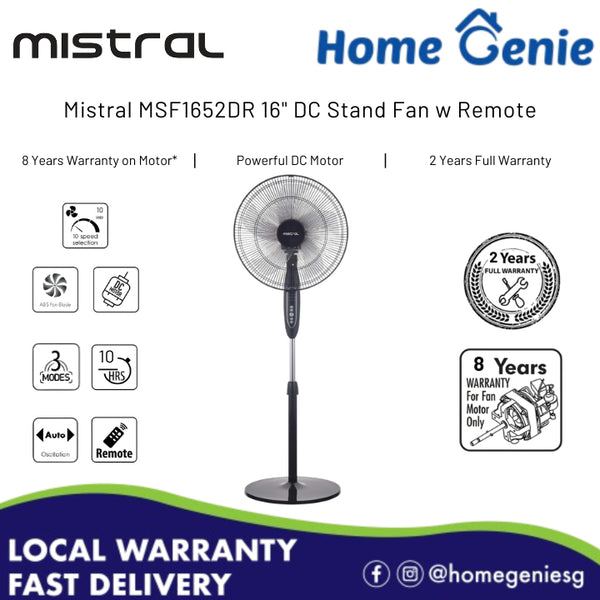 Mistral MSF1652DR 16" DC Stand Fan with Remote // 2 Years Full Warranty, DC Motor, 10 Speed Selection