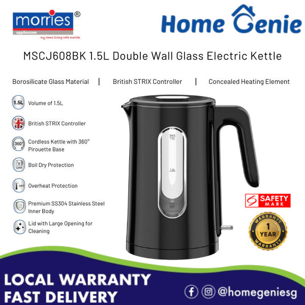 Morries MSCJ608BK 1.5L Double Wall Borosilicate Glass & Cordless Kettle