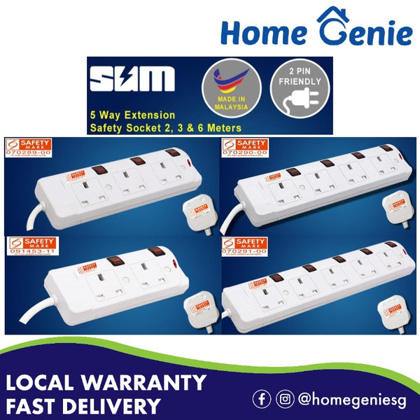 SUM Extension Safety Socket 2/3/4/5 Way 2,3 & 6 Meters Cord. (Direct 2 Pin Friendly, Made in Malaysia, Safety Mark)