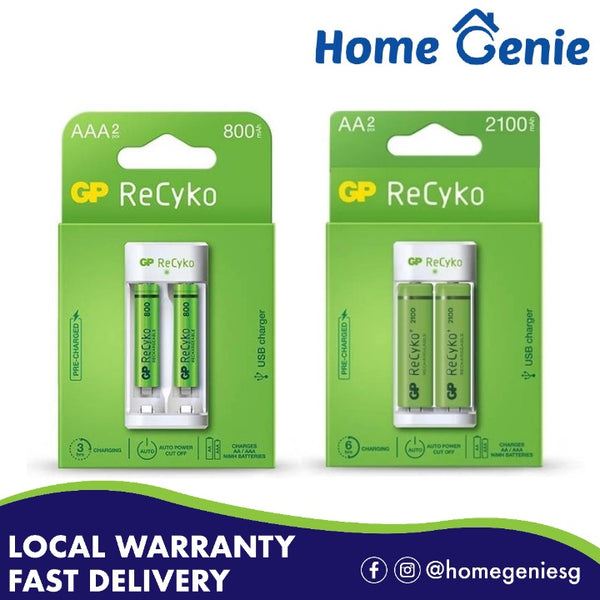 GP Recyko 2 Slot USD Charger E211 with 2x AA 2100mAh or 2x AAA 800mAh NiMH Batteries