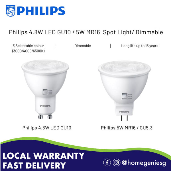 Philips 4.8W LED GU10 / 5W LED MR16 GU5.3 with 3 light color selectable CCT Spot Light/ Dimmable