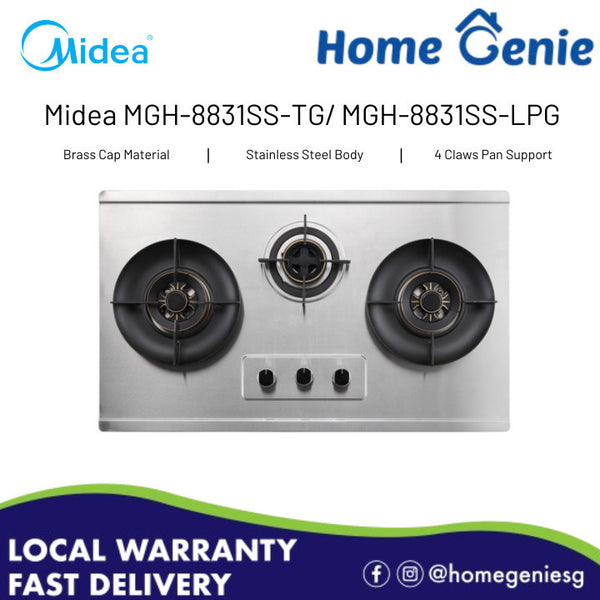 Midea MGH-8831SS TG / MGH-8831SS LPG Hob | Brass Cap Material | Stainless Steel Body | 4 Claws Pan Support