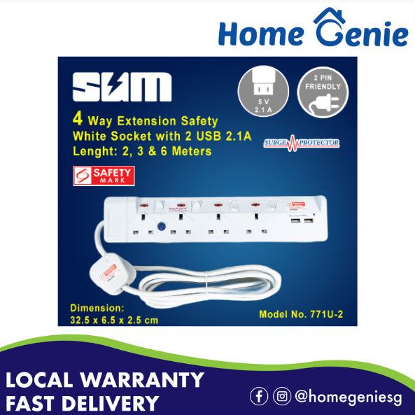 SUM 4 Way Extension Safety White Socket with 2 USB Ports (2.1A) & Surge Protector (2, 3 & 6 Meter)