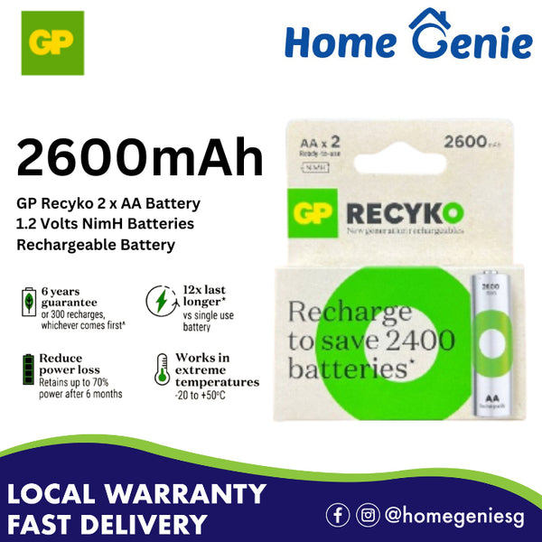 GP ReCyko AA Batteries 2600mAh 2 Piece Pack NiMH Rechargable Battery