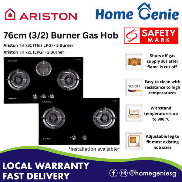 Ariston 76cm 3 Burner (TH 731 TG/LPG) / 2 Burner (TH 731 LPG) Black Schott Glass Auto Shut Off