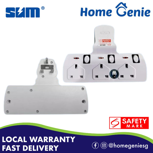 SUM 3 Way T-Adaptor Socket Plug Extension with Neon & Switch TS333N Singapore Safety Mark 13A 250V 50/60Hz