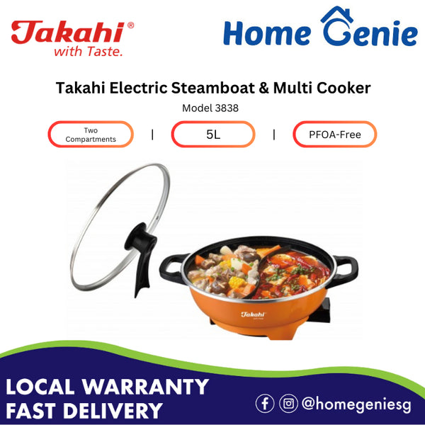 Takahi 3838 Electric Steamboat & Multi-Cooker 5L Two Compartments PFOA-Free Non Stick 1300W-1500W