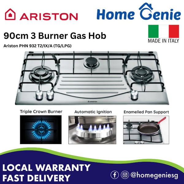 *Installation Available* Ariston 90cm 3 Burner Gas Hob PHN 932 T2/IX/A (TG/LPG) Auto Ignition | (Made in Italy)