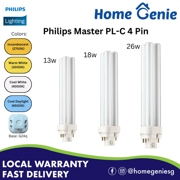 Philips Master PLC / PL-C 4 Pin 13w/18w/26w (Cool Daylight 65K/Cool White 40K/Warm White 30K, Amber 27K)