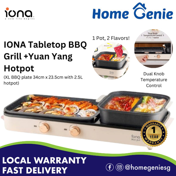 IONA 2 In 1 Tabletop BBQ Grill With Yuan Yang Hotpot GL3613 | 2.5L Hot Pot XL BBQ Plate Non-Stick Tempered Glass Cover