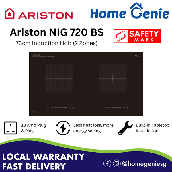 *Installation Available* Ariston 73cm Induction Hob 2 Zones (NIG 720 BS) Plug & Play 3 Pin Plug Touch Control Child Lock