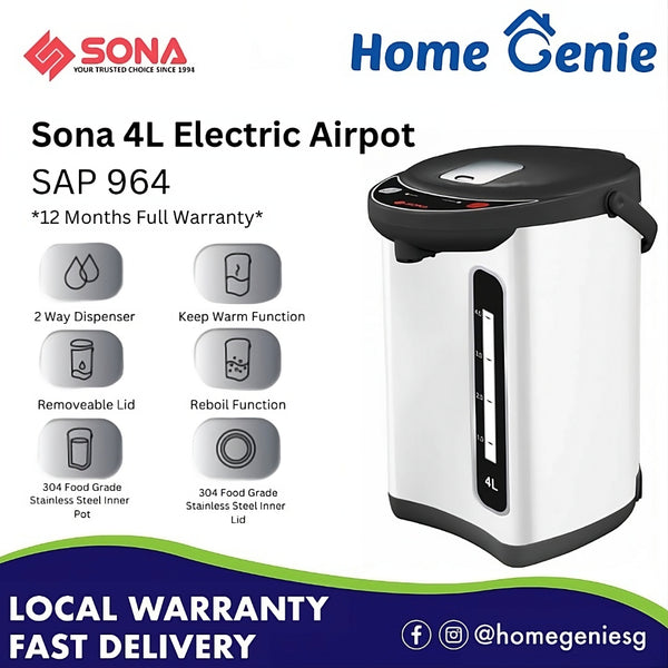 Sona SAP964 Electric Airpot 4L Two Way Dispenser 304 Food Grade Stainless Steel Pot & Lid