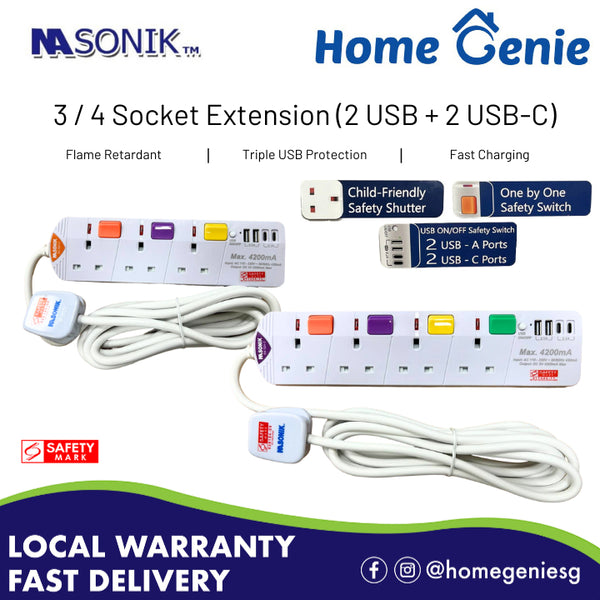 Nasonik USB Extension Socket (3 Gang/ 4 Gang) with 2 USB-A & 2 USB-C Plugs