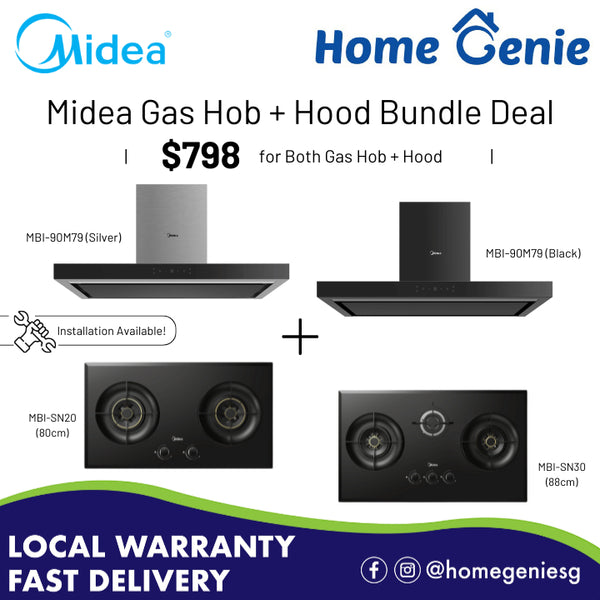 [ Bundle Deal ] Midea Kitchen 2 Burner 80/88cm Gas Hob (TG/LPG) + Chimney Hood 90cm (Black/Silver)