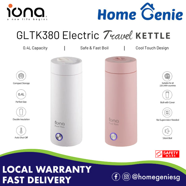 IONA 0.4L Mini Travel Kettle | Portable Electric Stainless Steel Small Kettle - GLTK380 (White/ Pink)