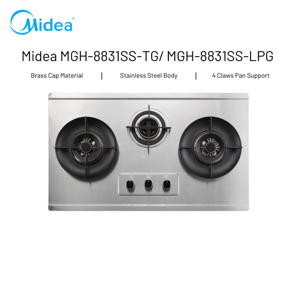 Midea MGH-8831SS TG / MGH-8831SS LPG Hob | Brass Cap Material | Stainless Steel Body | 4 Claws Pan Support